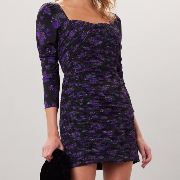 AMUR Giulia Floral fitted Mini dress black purple - 2 - Picture 1 of 12